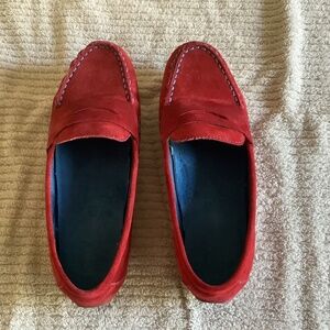 Red Suede Loafers with Blue Top Stitching